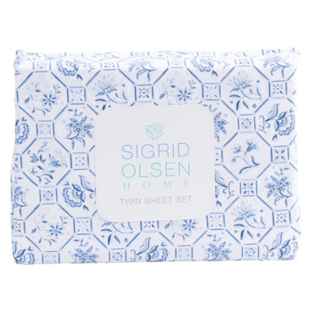 4-pc SIGRID OLSEN Portugal Blue Tile Floral QUEEN Size Sheet Set